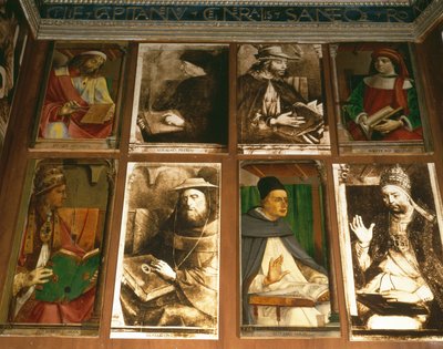 乌尔比诺公爵Federigo da Montefeltro的研究，顺时针TL：希腊哲学家Megara的Euclides（公元前450-374）; Vittorino da Feltre，意大利教育家（1378-1446）; Solon，雅典立法 作者 P.乔斯·范·根特和贝鲁格