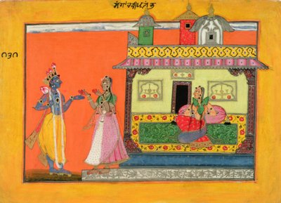 克里希纳抵达Radhas房子，从Bhanudatta Rasamanjari，Basholi风格的手稿的插图，c.1660-70 作者 帕哈里学校