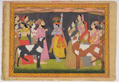 Krishna从1749年喜马偕尔邦Kulu的Bhagavata Purana上升起Govardhana山 作者 帕哈里学校