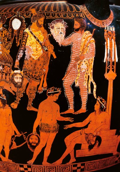 红人像 volute krater 和一个演员拿着他的面具，来自 Ruvo，公元前 410 年（陶瓷） 作者 画家代词