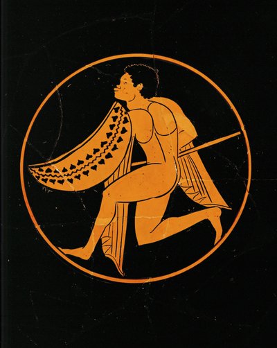 黑武士来自伊特鲁里亚 Poggio Sommavilla 的红色图案杯的中心徽章。公元前 510-500 ... 作者 伦敦画家