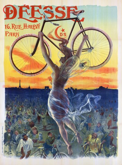 法国复古海报：骑自行车的女神，约1898年（彩色平版印刷）。 作者 朋友