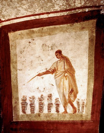Paleochretian艺术（古罗马时期）。面包和鱼的传播。罗马Via Anapo的Catacombe的壁画。3世纪和4世纪。- 早期基督教艺术。饼和鱼的繁殖。意大利罗马Via Anapo地下墓穴。 作者 Paleo Christian