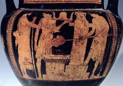 阁楼红色krater，细节，装饰着瓦肯伪造，公元前5世纪（陶瓷）的场景 作者 潘画家