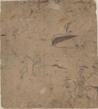 显示骑马的统治者、野猪和宫殿场景的素描本页面，18世纪末 作者 潘迪特·苏