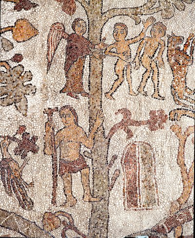 亚当和夏娃从祭司和马赛克的Pantaleone地球天堂马赛克中狩猎。 1163-1166。奥特朗托大教堂的中央教堂 作者 Pantaleon