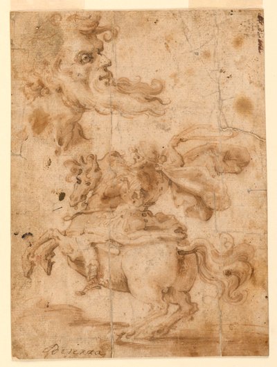 素描，大胡子男人的头，马背上的男人，约 1650 年 作者 保罗·埃米利奥·贝森齐