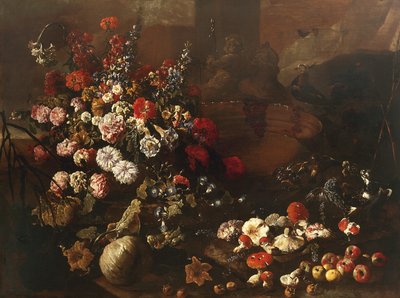 鲜花、水果、蘑菇和鸟类静物（布面油画） 作者 保罗·波波拉（Paolo Porpora）