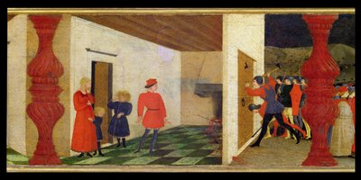 亵渎圣物的画像》：约 1468 年，犹太当铺老板在火中焚烧圣物，鲜血直流，引起了砸门的法警的注意（钢笔画，镶板）（细节） 作者 保罗·乌切洛