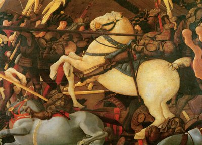 圣罗马诺战役，Bernardino della Ciarda的细节击退了他的马，c.1456，面板上的蛋彩画 作者 保罗·乌切洛