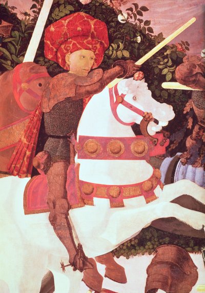 圣罗马诺之战，Niccolo da Tolentino的详细信息，1435，佛罗伦萨雇佣兵的领袖，c.150-60-606的面板细节 作者 保罗·乌切洛