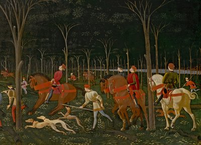 森林中的狩猎，c.1465-70油面板细节100861 作者 保罗·乌切洛