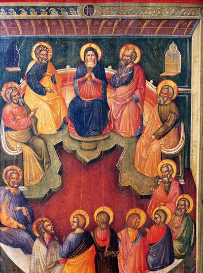 被十二使徒包围的圣母或五旬节，保罗·韦内齐亚诺（Paolo Veneziano，活跃于 1333-1358 年） 作者 保罗·韦尼齐亚诺