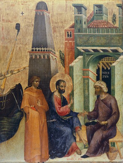 医治老人》，保罗-威尼斯（Paolo Veneziano，约 1300-1365 年）《马尔基亚纳平日祭坛画》细节 作者 保罗·韦尼齐亚诺