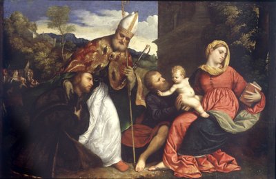 Holy Family with St. Ambrose presenting a donor, c.1525 (oil on panel) 作者 巴黎·博尔多内