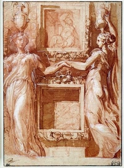 盒子的两侧都伸出了两个拐杖，Girolamo Francesco Maria Mazzola dit Parmigianino或Le Parmesan用墨水，水洗，鲜血和白色皮瓣来画画 作者 帕玛强尼诺