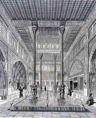 伊斯法罕的Chahar Bagh宫殿内部，来自波斯的 "Voyage Pittoresque"，由Claude Sauvageot（1832-85）和Jean Charles Huguet（生于1815年）雕刻，由巴黎Lemercier出版。 作者 帕斯卡泽维尔（后）科斯特