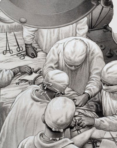 克里斯蒂安-巴纳德教授等人开创的心脏外科手术（水粉画，纸本） 作者 帕特 (1907-95) 妮可