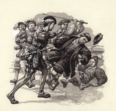 威廉-赫伯特在布里斯托尔袭击一名无辜路人（水粉画，纸本） 作者 帕特 (1907-95) 妮可