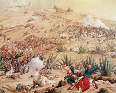 墨西哥远征队：“” 1862 年 5 月 5 日在洛杉矶普埃布拉市附近的普埃布拉战役，在伊格纳西奥·萨拉戈萨 (Ignacio Zaragoza) 领导的墨西哥军队和由查尔斯·费迪南德·拉特里尔 (Charles Ferdinand Latrille) 伯爵领导的法兰西第二帝国军队之间展开 洛伦斯”（战斗 作者 Patricio Ramos Ortega