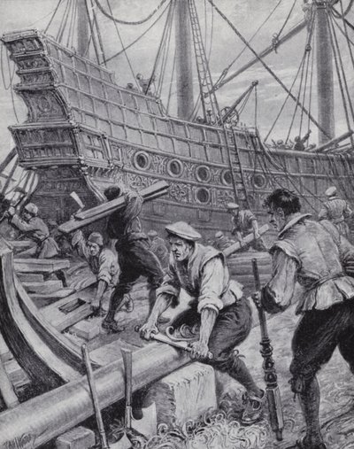 建造英国大帆船皇家方舟，这是 1588 年对抗西班牙无敌舰队的旗舰（石版画） 作者 保罗（继）哈代