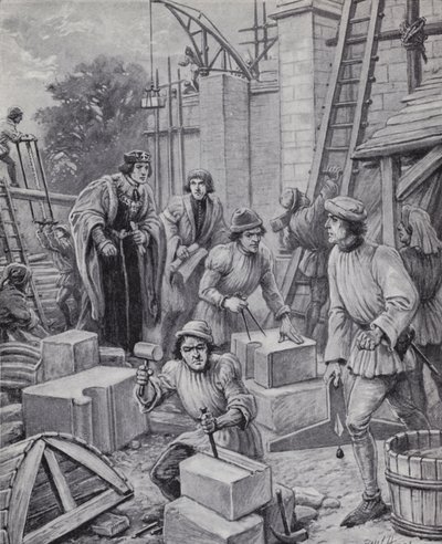 亨利六世国王负责监督他于 1440 年创立的伊顿公学（石版画） 作者 保罗（继）哈代