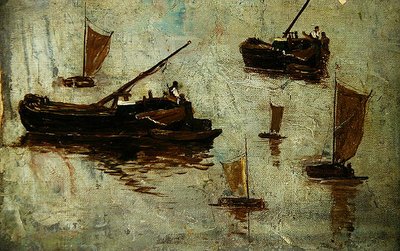 水面上的两艘驳船和四艘小帆船（布面油画） 作者 保罗·鲍姆