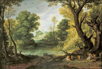 仙女和莎蒂尔风景画，1623 年 作者 Paul Bril