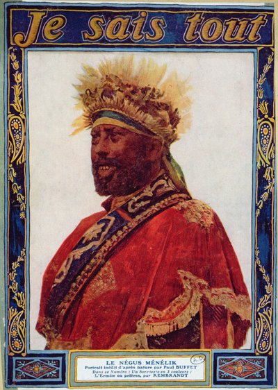 埃塞俄比亚的Negus，Menelik II（1844-1913）的肖像，来自Je Sais Tout杂志的插图，c.1900 作者 保罗·巴菲特