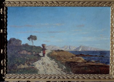 1866年的马赛周边：海上风景，女人头顶着一个篮子，在路上行走。保罗-卡米尔-吉古（1834-1871）的画作。1866.很好奇。佩里戈尔博物馆 作者 保罗·卡米尔·圭古
