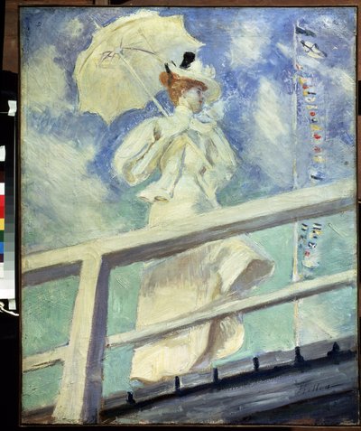 白衣女子。保罗-塞萨尔-海勒（1859-1927 年）的画作。布面印象派油画。尺寸：82x66 厘米。莫斯科普希金博物馆 作者 保罗·塞萨尔·Helleu