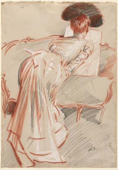 女人（可能是爱丽丝-赫鲁夫人）在看一幅画，约 1895 年（黑、红、白粉笔） 作者 保罗·塞萨尔·Helleu