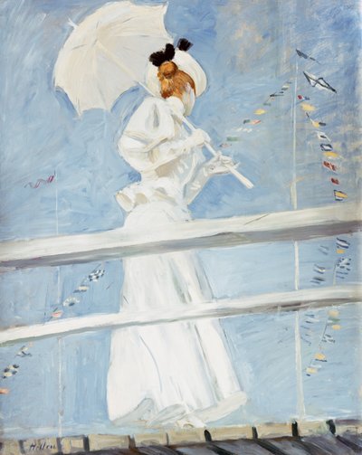 有一个遮阳伞的少妇在跳船 作者 Paul Cesar Helleu