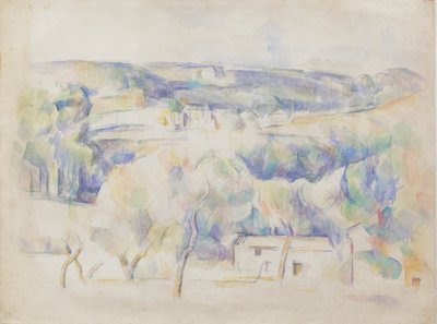 房屋和树林，约 1890 年（纸上铅笔和水彩画） 作者 保罗·塞尚