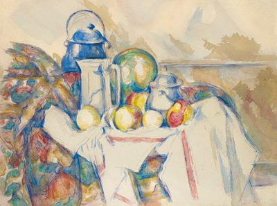 有牛奶壶、甜瓜和糖碗的静物，1900-1906年。 作者 保罗·塞尚