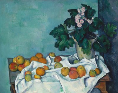静物与苹果和一锅报春花，1890年 作者 Paul Cézanne