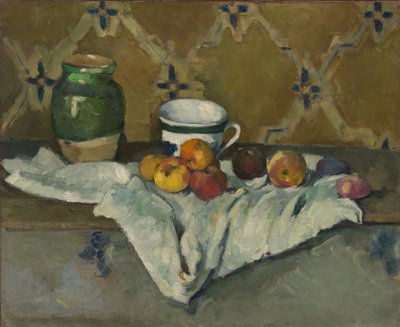 静物与罐子，杯子和苹果，c.1877 作者 Paul Cézanne