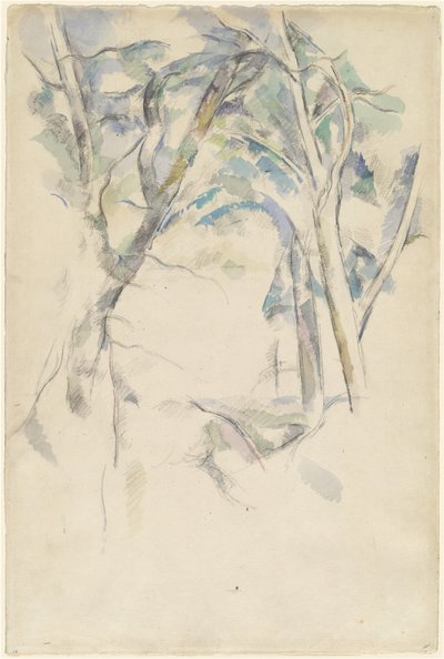 倾斜在岩石上的树木，约1892年。 作者 保罗·塞尚