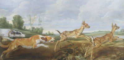 狩猎场景：狗追逐两个fauns 作者 Paul De Vos