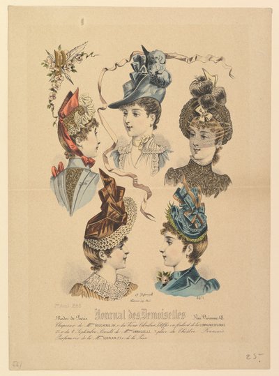 女士帽子，第4671号，来自《Demiselles杂志》，1888年4月1日。 作者 保罗·德弗内维尔