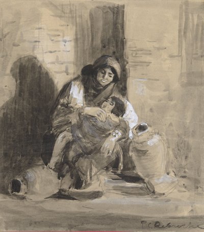 坐着的加沙犹太妇女，带着孩子和两个大罐子 作者 Paul Delaroche