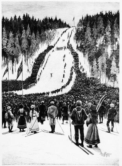 滑雪：挪威德比，滑雪比赛--保罗-菲勒的绘画，1900年2月，Bibl.des Arts Deco。 作者 保罗·菲舍尔