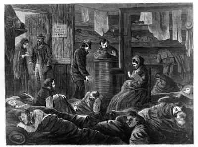 纽约格林威治街穷人的地下住宿，来自Harpers Weekly，pub。 1869年 作者 保罗·弗伦岑尼