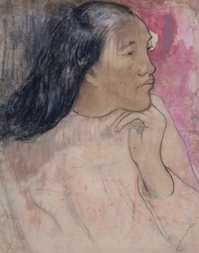 一个大溪地女人，头发中有一朵花，1891-92（木炭，粉彩和水洗） 作者 保罗·高更