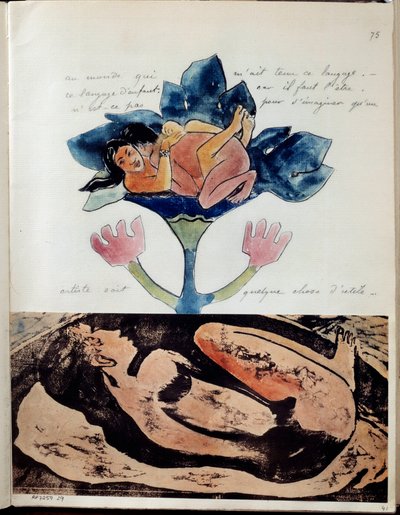 画家保罗-高更（1848-1903）的《诺亚相册》（或《诺亚诺亚》）：对开75页。在顶部的图画，水彩，钢笔和墨水表现了一对夫妇在性交过程中，在底部的雕刻，水彩亮点是一个睡着的女人。大约在1893年 作者 保罗·高更