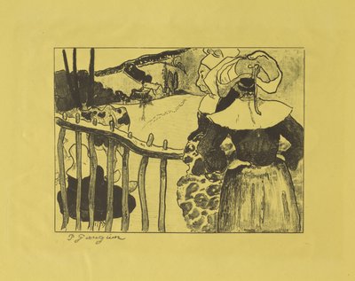 不列塔尼妇女站在栅栏旁，1889年 作者 保罗·高更
