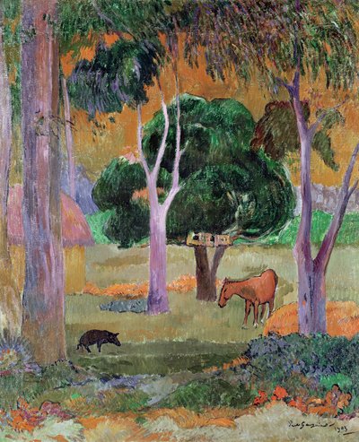 多米尼加风景，或与猪和马景观，1903年 作者 保罗·高更