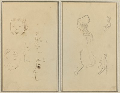 五个头像的研究；一个男孩的轮廓和手脚的研究[背面] 。 作者 保罗·高更