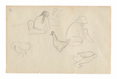 坐姿人物和鸡的素描（正面），裸女躯干（与画作《Te a no areois》有关）（背面），出自 Carnet de Tahiti（大溪地素描本）。 作者 保罗·高更