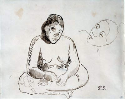 大溪地妇女坐在水墨书房 作者 Paul Gauguin (1848-1903) 19 世纪巴黎，卢浮宫博物馆 作者 保罗·高更